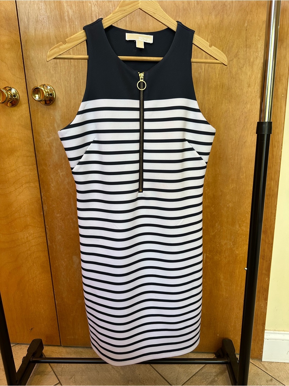 Michael Kors Striped Navy and White Neoprene Dress with Zip Front